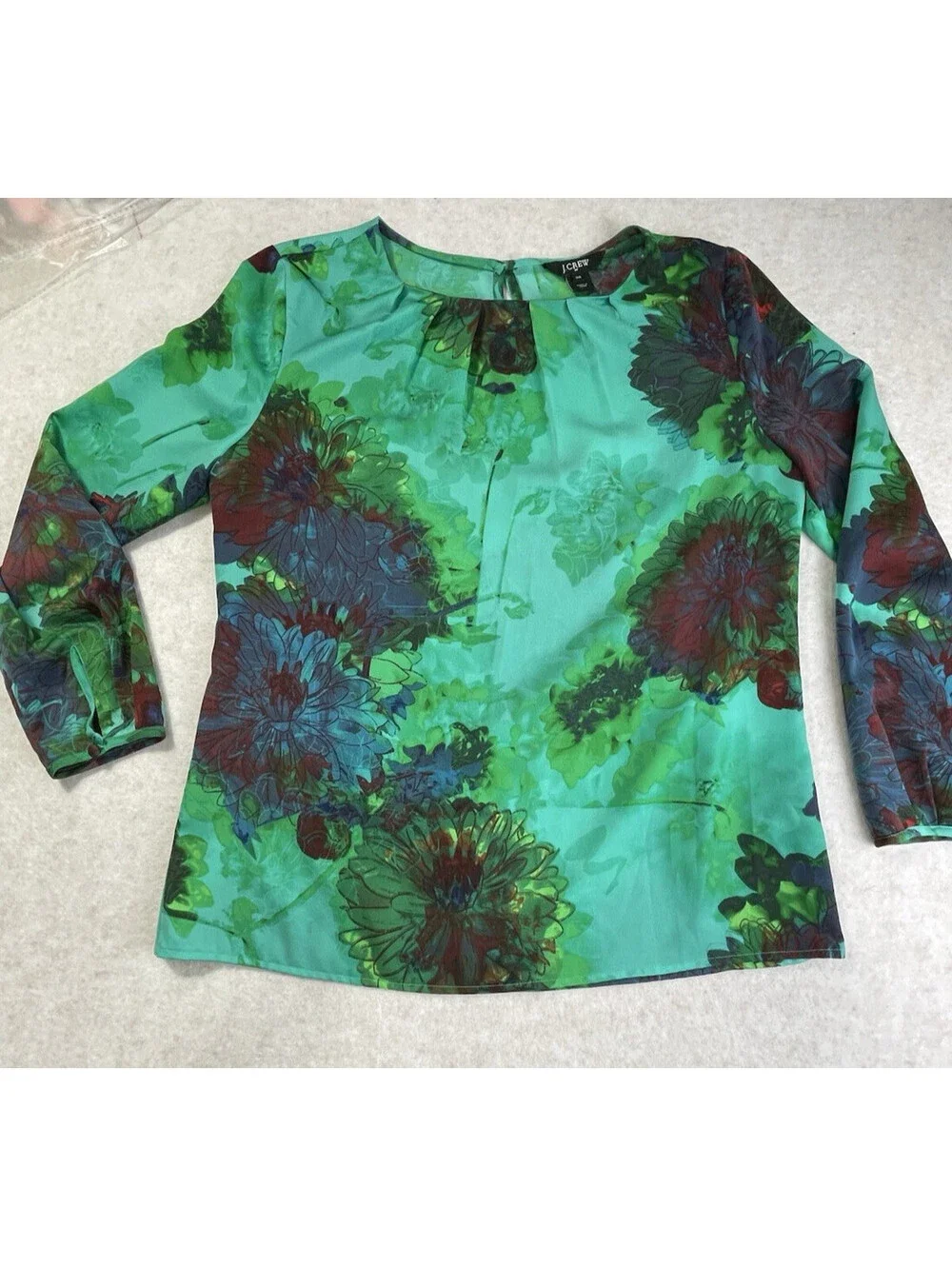 J Crew Women Green Floral Satin Long Sleeve Basic Blouse Round Neck Size XS